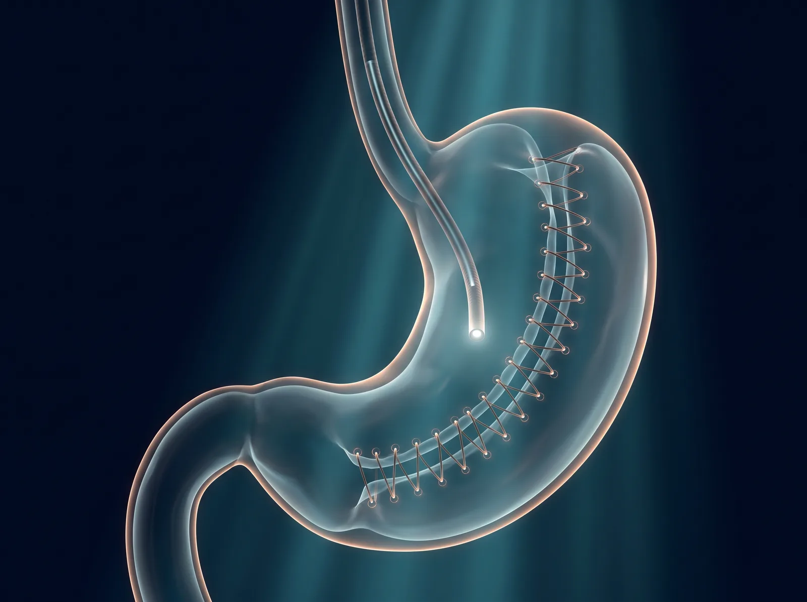 Medical illustration of a stomach seen from the side with an endoscope passed down the esophagus into it, and a running line of sutures along the inner wall drawing the stomach in on itself into a narrower tube.