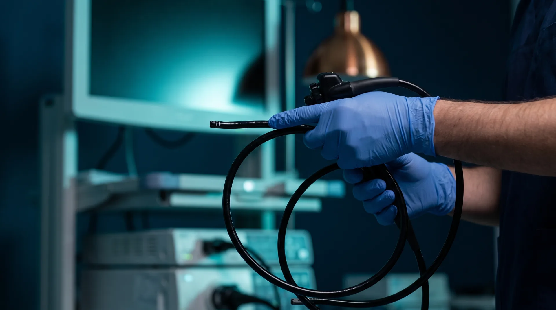 Gloved hands holding a coiled flexible endoscope in front of a lit procedure monitor and equipment tower.