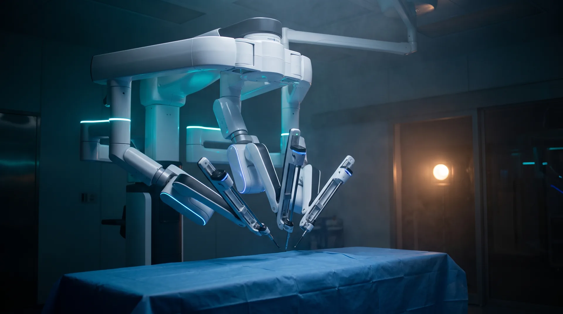 Robotic surgical arms holding fine instruments above a draped operating table in a darkened operating room.