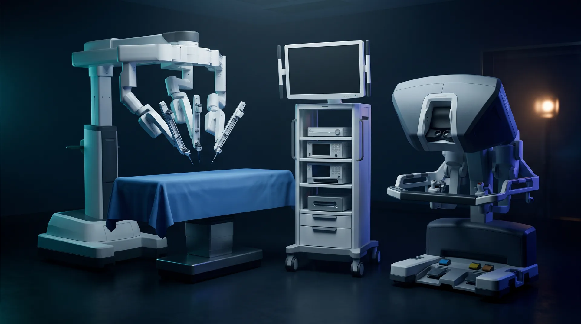 The three parts of a robotic surgical system side by side: the surgeon console, the arm cart beside the operating table, and the vision tower.